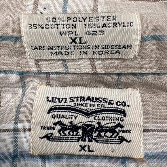 Levis Mens Tan Plaid Short Sleeve Shirt XL Button-Up Vintage - Picture 3 of 6